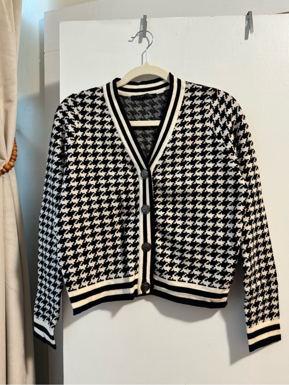 Cyrus Black and White Houndstooth Cardigan Sweater